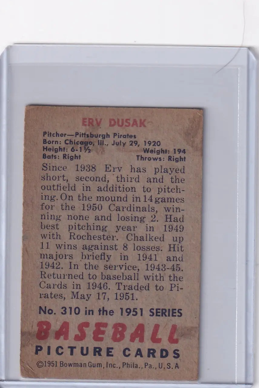 Vintage Erv Dusak baseball card from 1951 Bowman Baseball featuring Pittsburgh Pirates