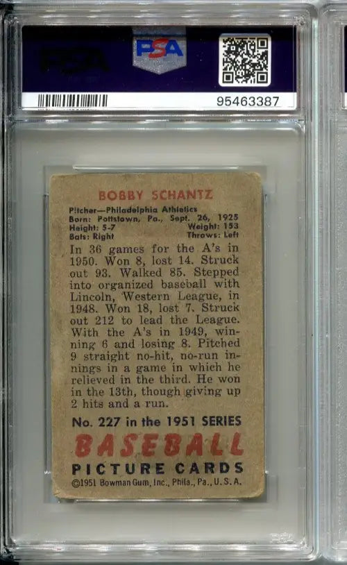 1951 Bowman Bobby Shantz Signed Card #227 Auto Philadelphia A’s PSA 2 DNA 8