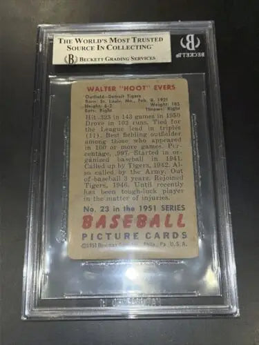 Graded 1951 Bowman Walter Hoot Evers Signed Card #23 Auto Slabbed Detroit Tigers