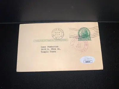 Vintage postcard signed by Johnny Pesky, dated and postmarked from Temple TX