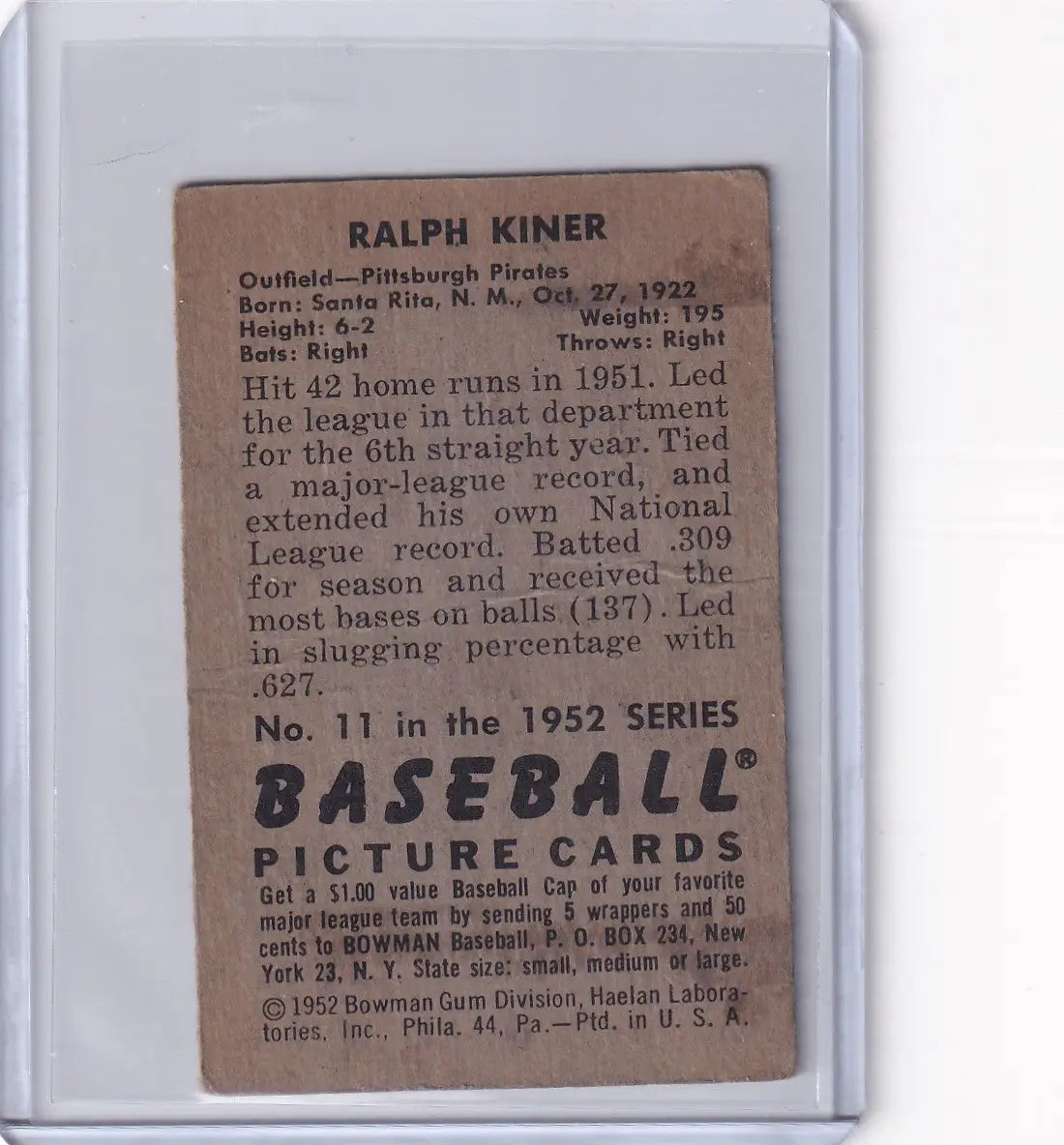 Ralph Kiner 1952 Bowman Baseball card from the Pittsburgh Pirates collection