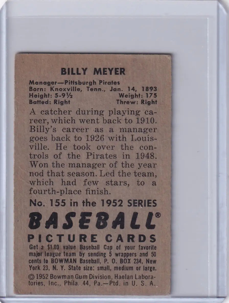 Vintage 1952 Bowman Baseball #155 card featuring Billy Meyer MGR of the Pittsburgh Pirates