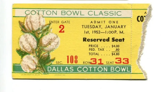Vintage Cotton Bowl ticket stub from 1952 featuring Kentucky Wildcats vs TCU Horned Frogs