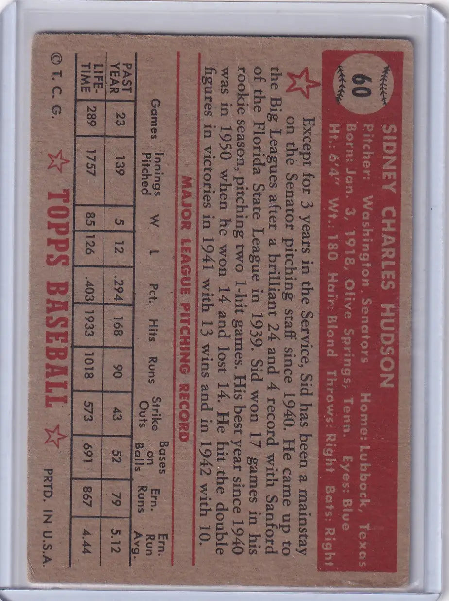 Vintage 1952 Topps Baseball #60 Sid Hudson trading card for Washington Senators
