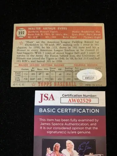Signed 1952 Topps Walter Hoot Evers Low Grade Baseball Card with JSA Authentication
