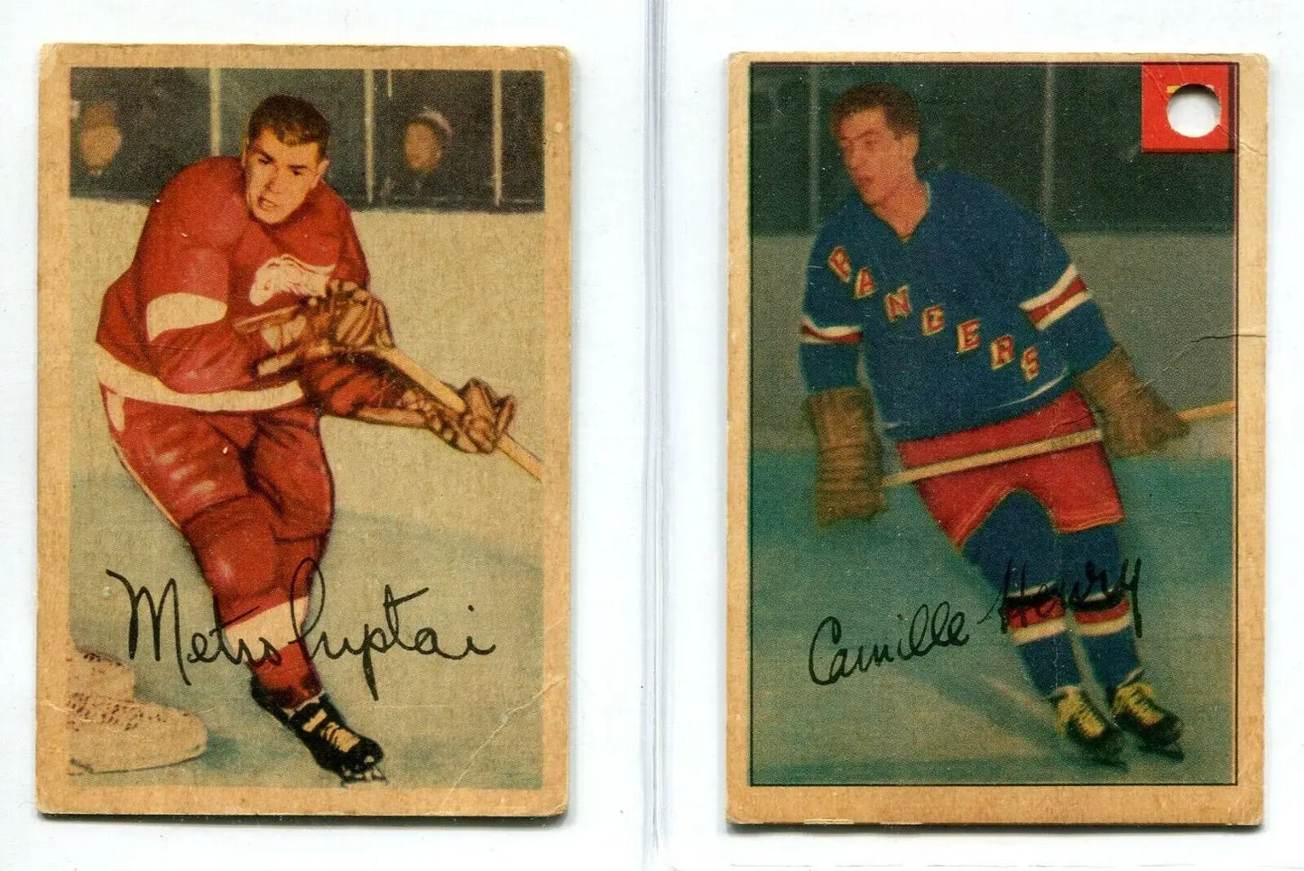 Vintage trading cards featuring Metro Prystai and Camille Henry from 1953-54 Parkhurst