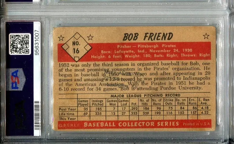 1953 Bowman #16 Signed Bob Friend PSA DNA Auto Pittsburgh Pirates
