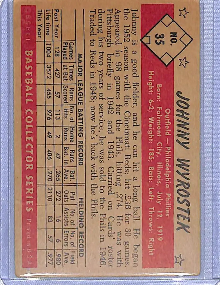 Vintage 1953 Bowman baseball card featuring Johnny Wyrostek of the Philadelphia Phillies