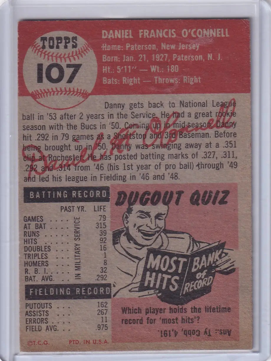 Vintage Topps Baseball card #107 featuring O’Connell - Pittsburgh Pirates collectible