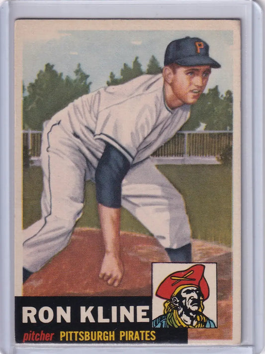 Baseball card of Ron Kline pitching in a white uniform for the Pittsburgh Pirates Topps Baseball