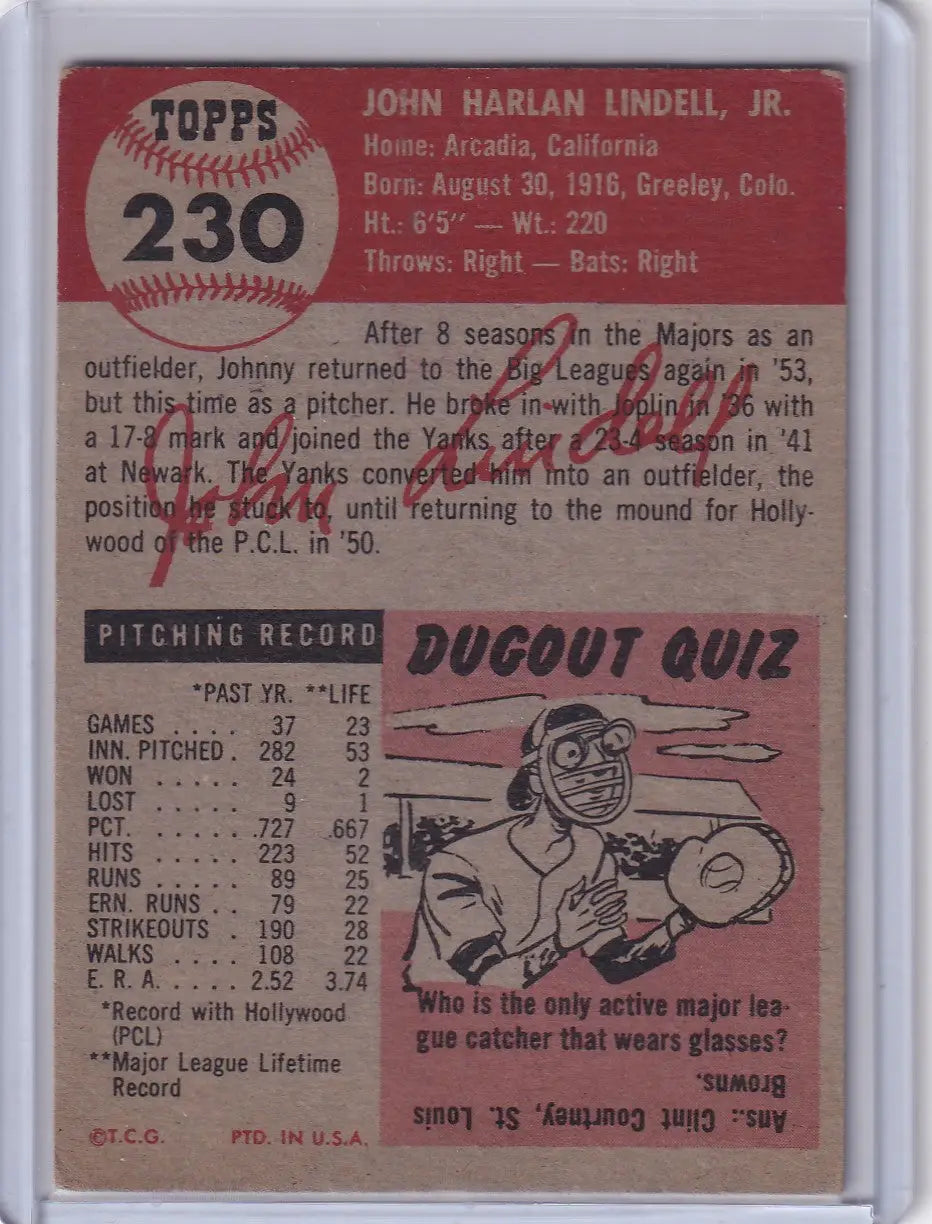 Vintage Topps baseball card #230 of Johnny Lindell with Pittsburgh Pirates logo