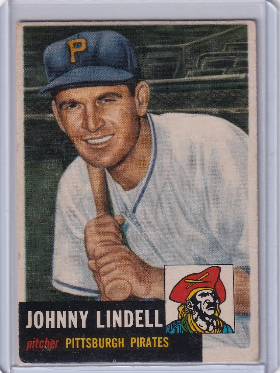 1953 Topps Baseball card of Johnny Lindell, Pittsburgh Pirates pitcher in white uniform