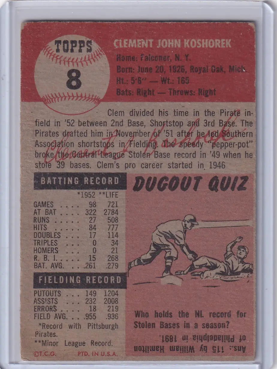 Vintage Topps Baseball card of Clem Koshorek, Pittsburgh Pirates with Dugout Quiz illustration