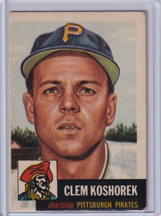 Vintage Topps Baseball card of Clem Koshorek in Pittsburgh Pirates cap