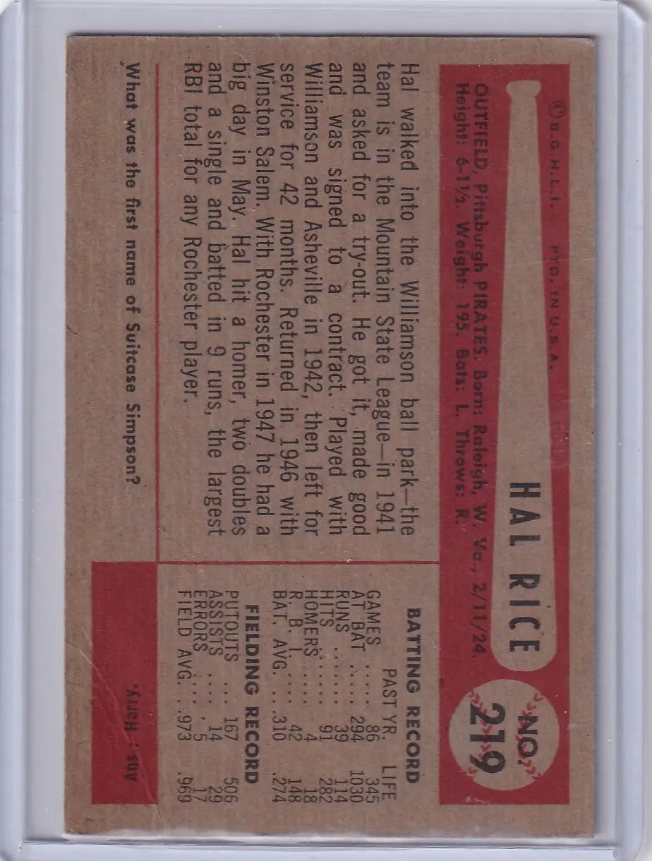 Vintage Hal Rice baseball card from 1954 Bowman featuring Pittsburgh Pirates player