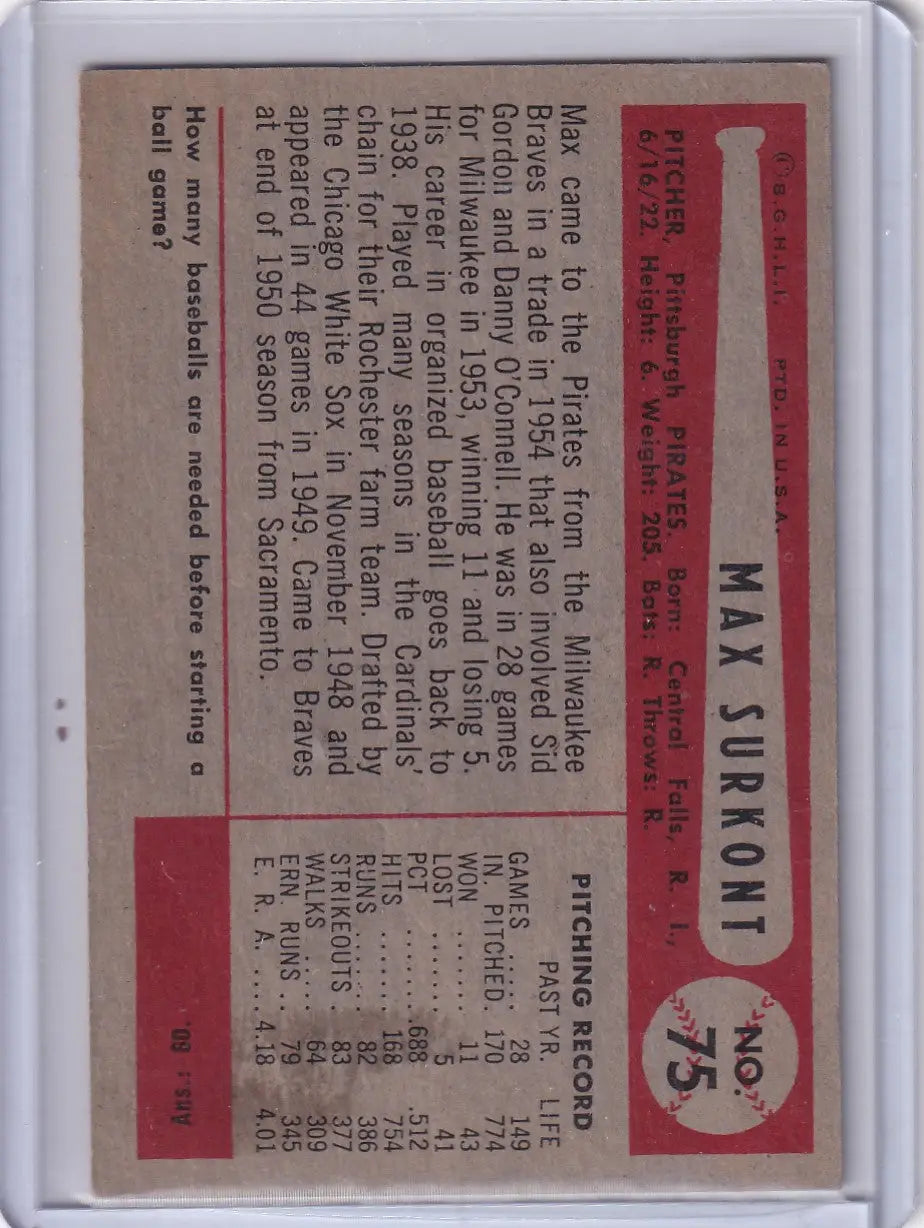 Vintage baseball card of Max Surkont from the Pittsburgh Pirates 1954 Bowman series