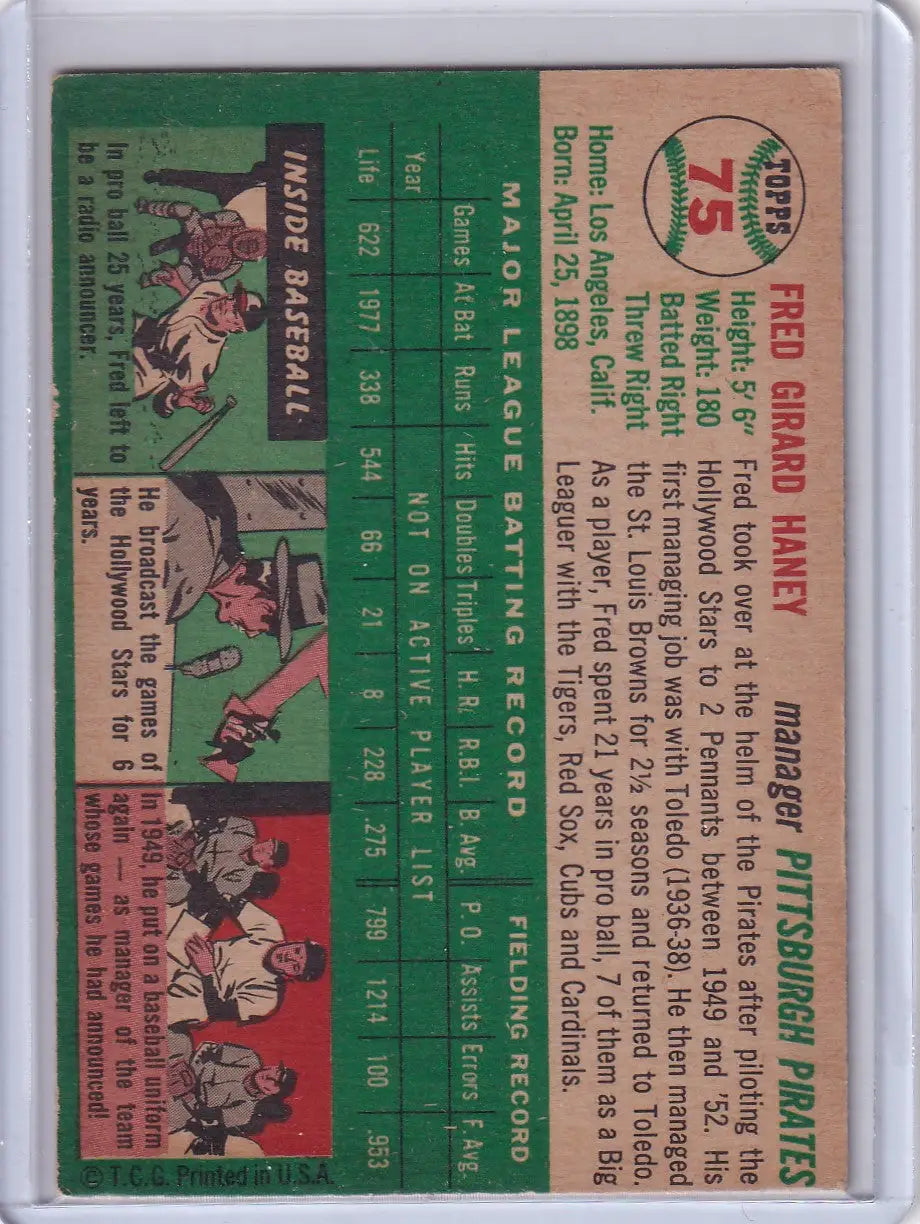 Vintage baseball card featuring 1954 Topps #75 Fred Haney of the Pittsburgh Pirates