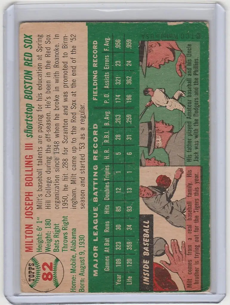 Vintage baseball card of Milt Bolling Boston Red Sox with player stats and action illustrations