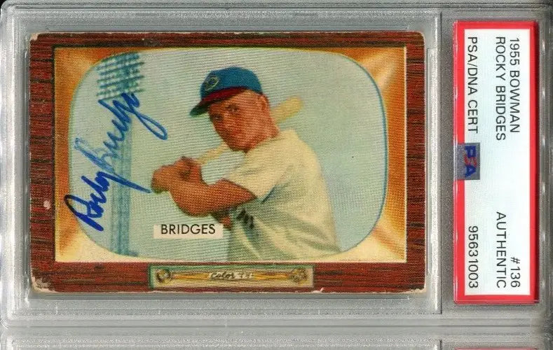 Signed 1955 Bowman Rocky Bridges baseball card Cincinnati Reds trading card PSA DNA authentic