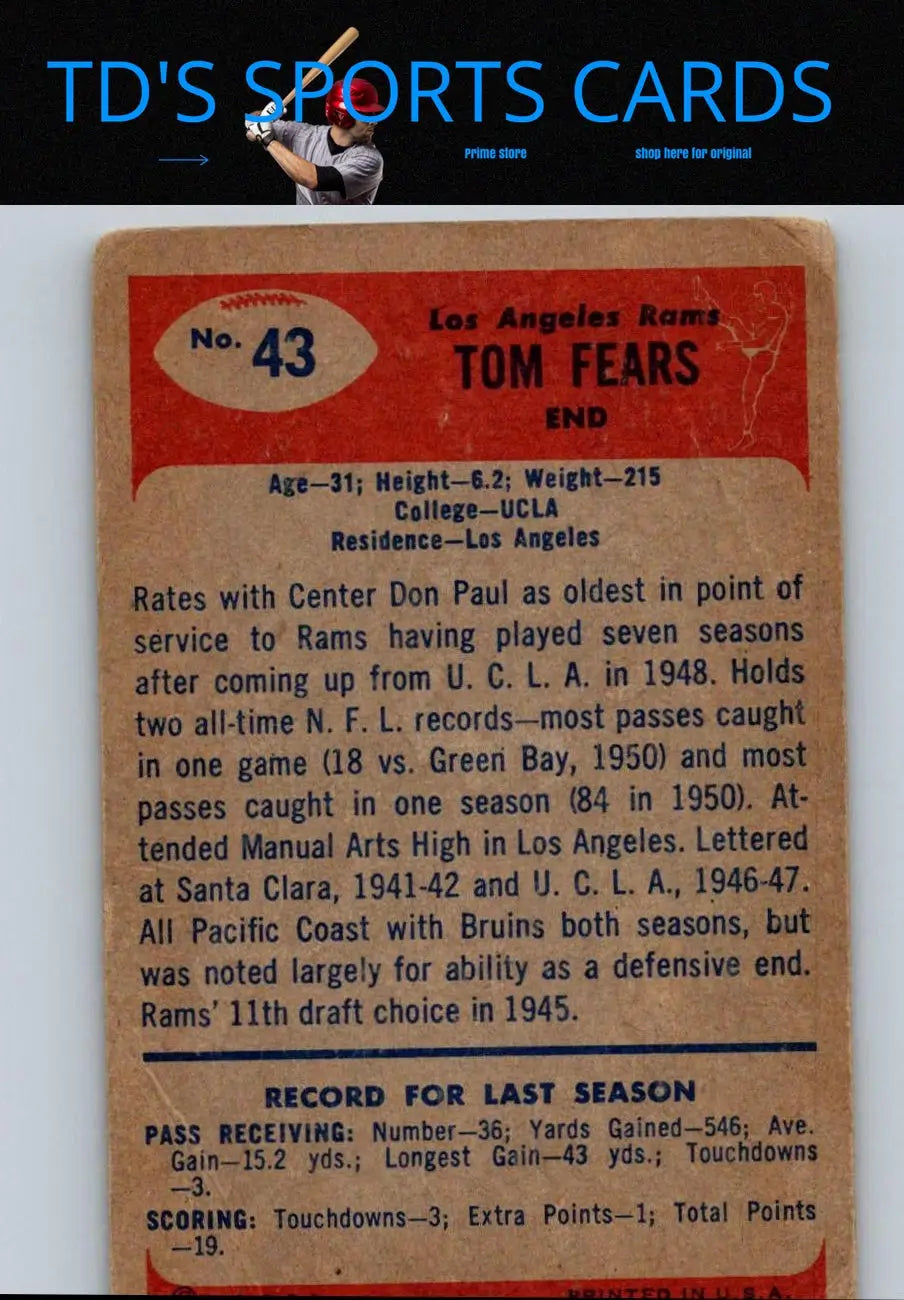 Vintage Tom Fears football card from 1955 Bowman #43 for trading cards collection