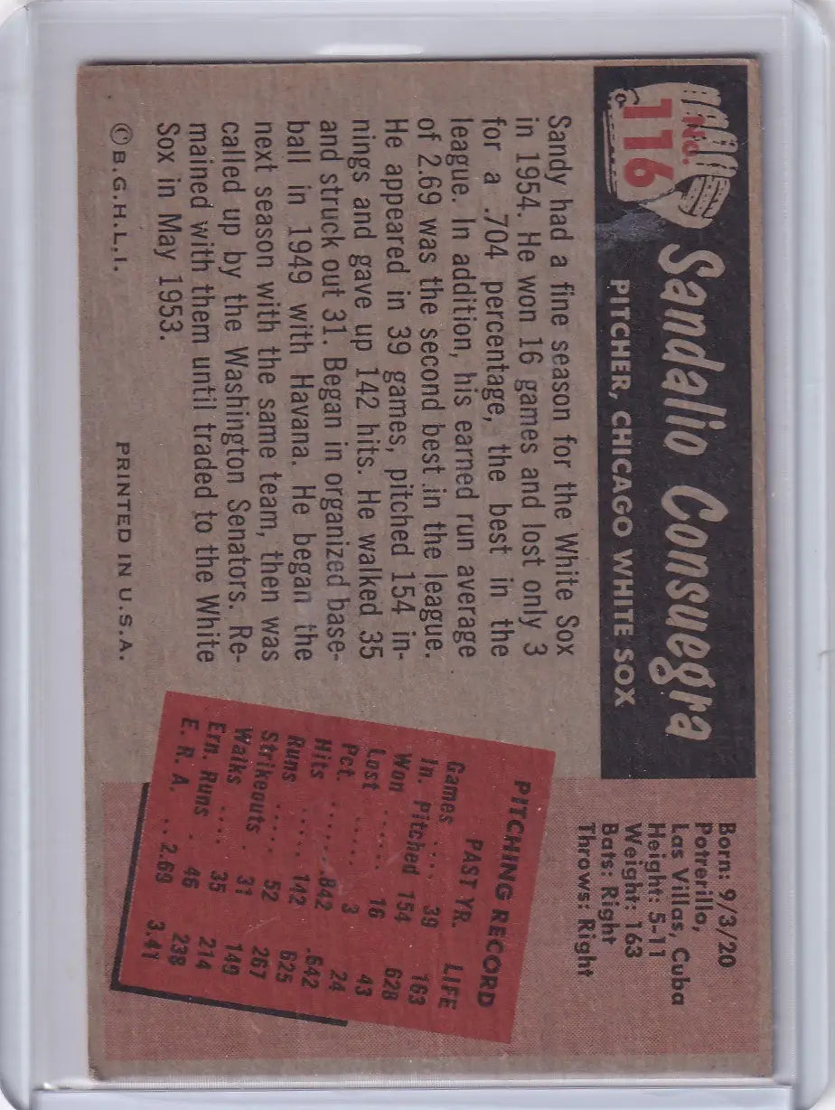 Vintage Bowman Baseball card of Sandy Consuegra from the Chicago White Sox