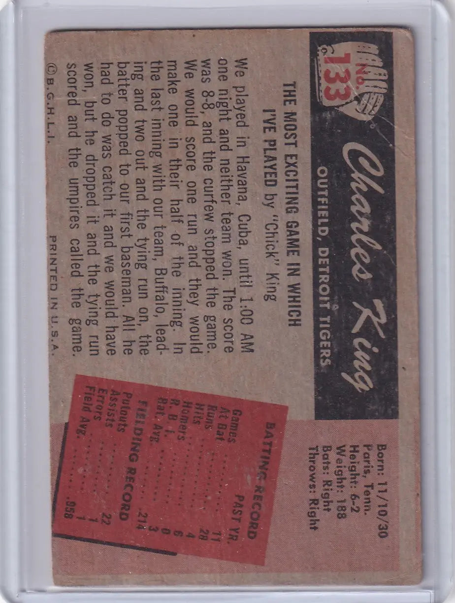 Vintage Bowman Baseball card of Chick King Detroit Tigers featuring stats and personal anecdote