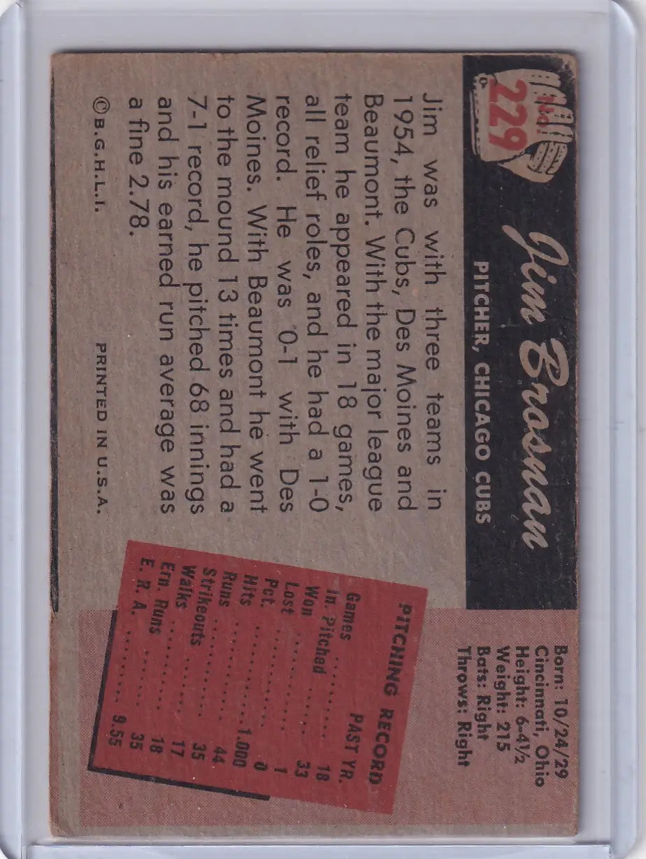 Vintage Bowman Baseball card of Jim Brosnan, Chicago Cubs pitcher, 1955 Bowman RC