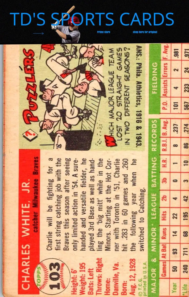 Vintage baseball card featuring 1955 Topps #103 Charlie White trading cards