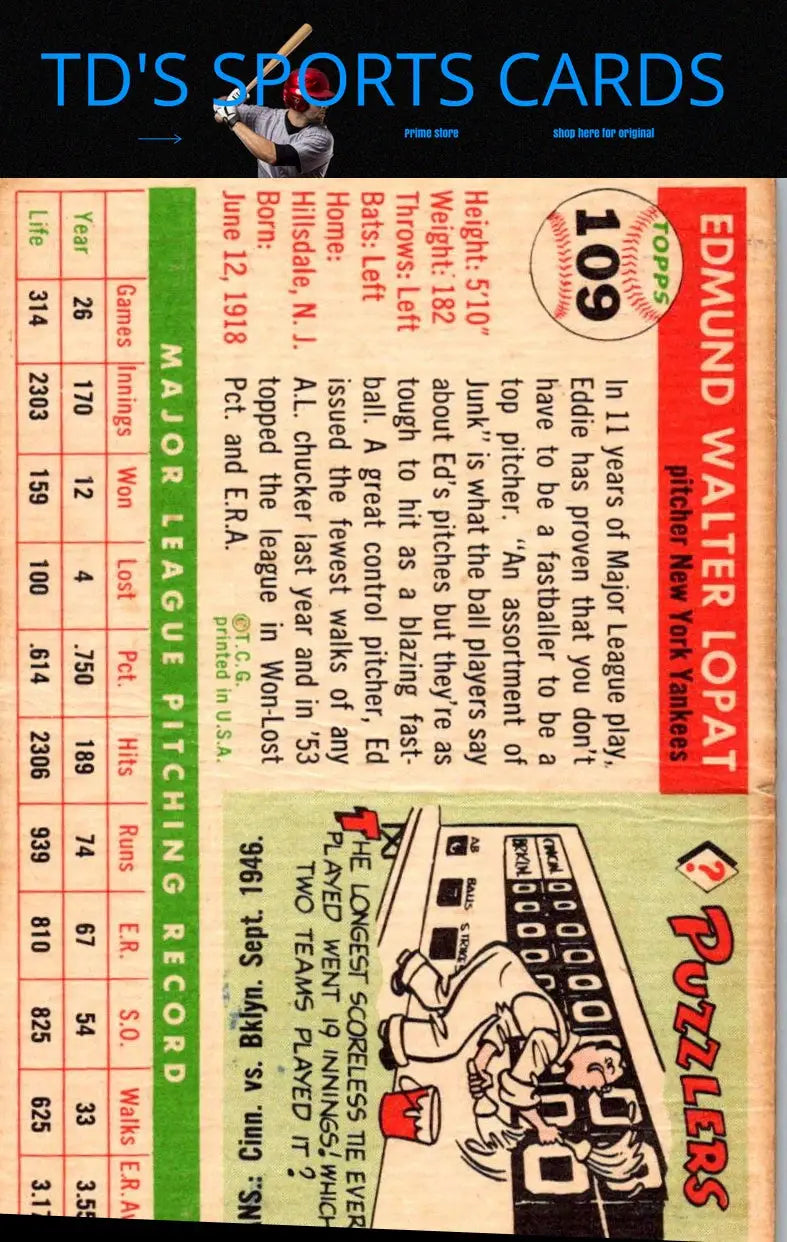 Vintage 1955 Topps #109 Ed Lopat baseball card for collectors of trading cards