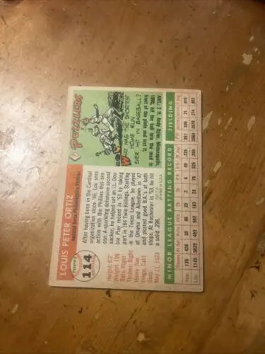 Vintage 1955 Topps 114 Louis Ortiz RC trading card for Philadelphia Phillies collectors