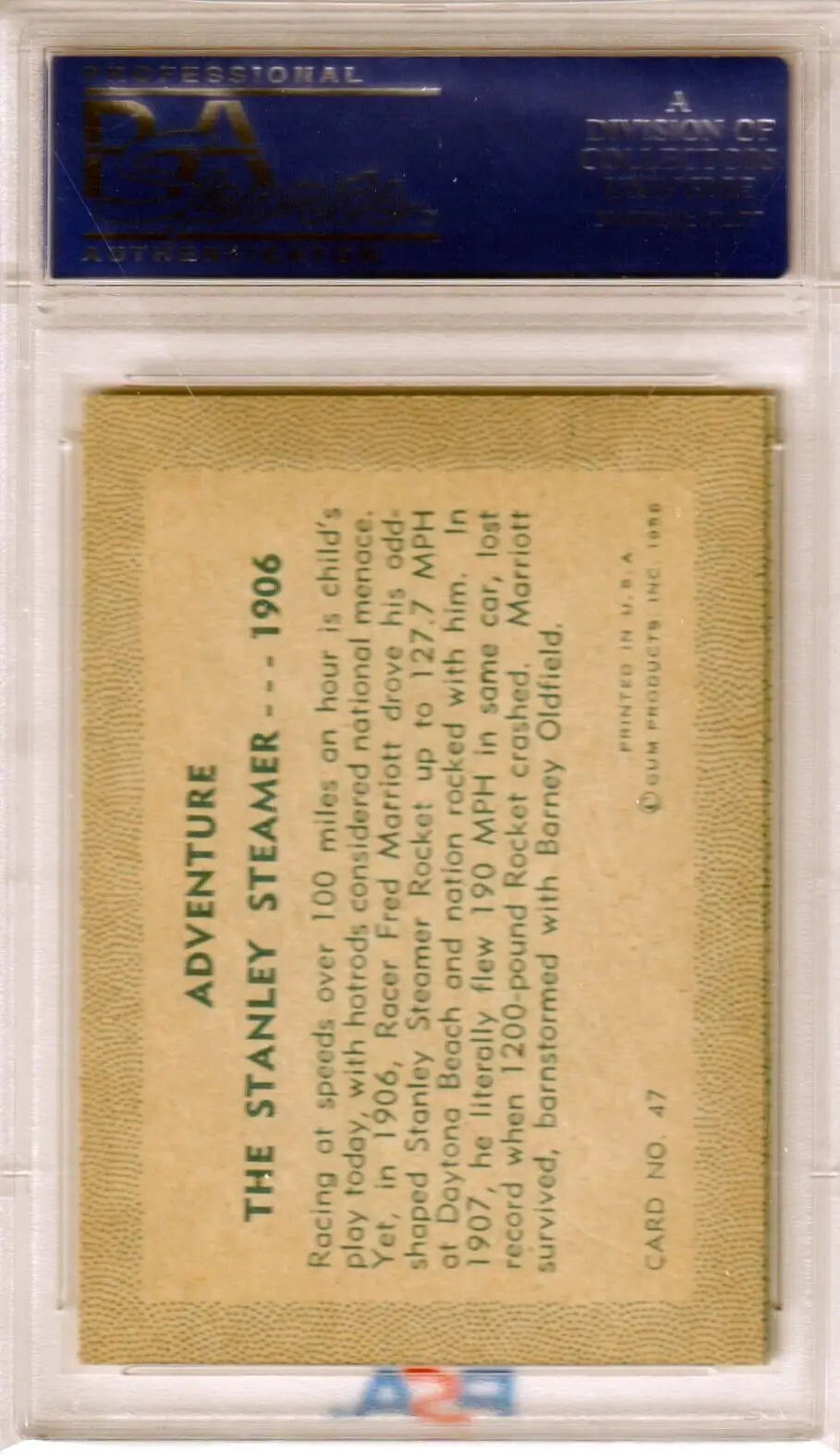 Vintage trading card of Stanley Steamer from 1956 Adventure Gum by Columbia Hobby
