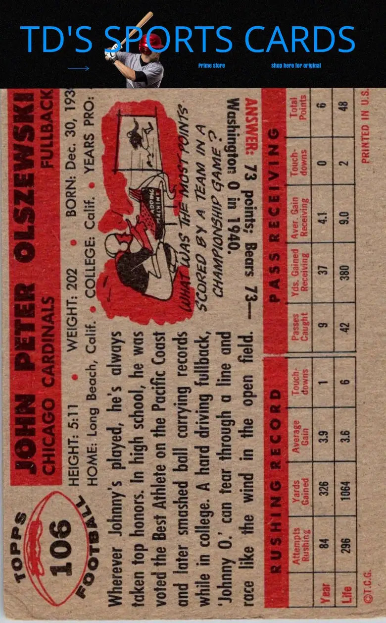 Vintage 1956 Topps #106 John Olszewski baseball trading card collectible item