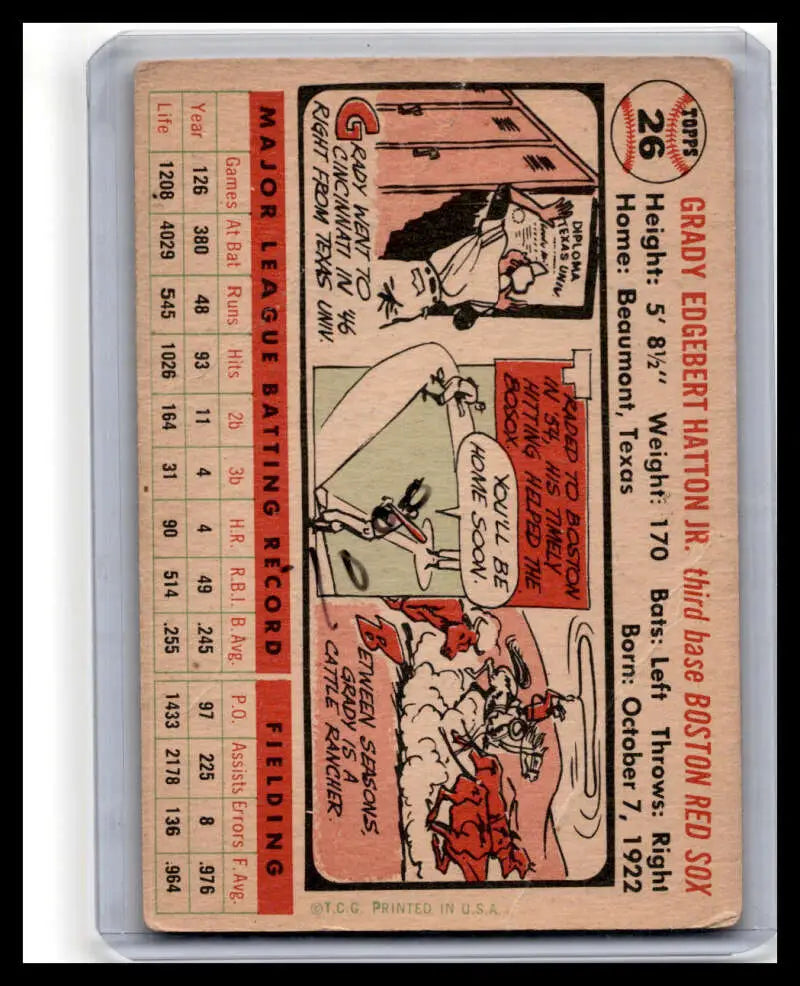Vintage 1956 Topps #26b Grady Hatton Baseball Card with Comic-Style Artwork and Stats