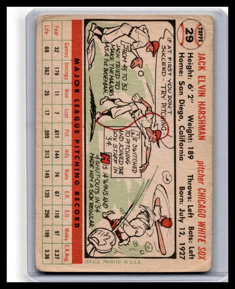 Vintage 1956 Topps #29a Jack Harshman baseball card with cartoon illustrations and stats