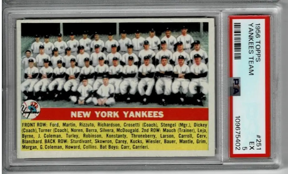 Graded 1956 Topps New York Yankees baseball card showcasing the Yankees team logo and design