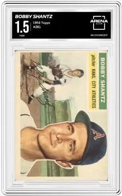 Graded Bobby Shantz baseball card from 1956 Topps Bobby Shantz Arena Club series