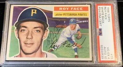 Graded and autographed Roy Face baseball card featuring Pittsburgh Pirates and Topps Roy Face