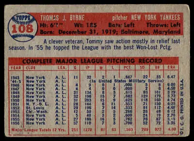 Vintage 1957 Topps #108 Tommy Byrne baseball card featuring the York Yankees