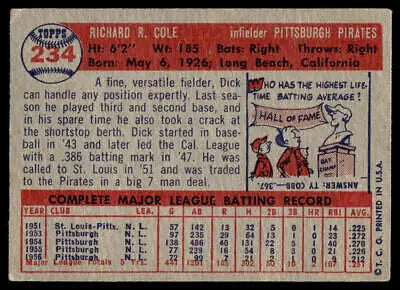 Vintage baseball card back of 1957 Topps #234 Dick Cole, Pittsburgh Pirates player
