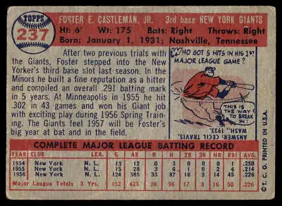 Vintage 1957 Topps #237 Foster Castleman baseball card showcasing collectible memorabilia
