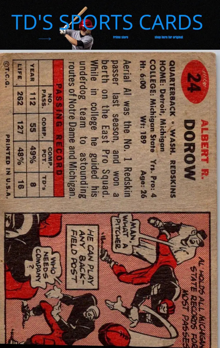 Vintage 1957 Topps #24 Al Dorow football card for trading card collectors
