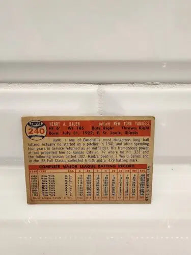 Vintage trading card featuring Hank Bauer from 1957 Topps series