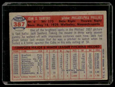Vintage baseball card back featuring Jack Sanford of the Philadelphia Phillies