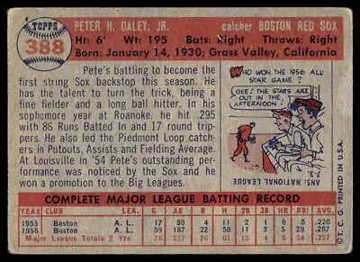 Vintage 1957 Topps #388 Pete Daley baseball card featuring Boston Red Sox player