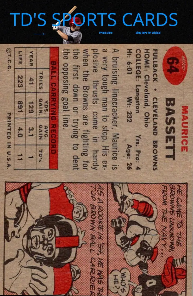 Vintage 1957 Topps #64 Maurice Bassett trading card showcasing classic baseball memorabilia