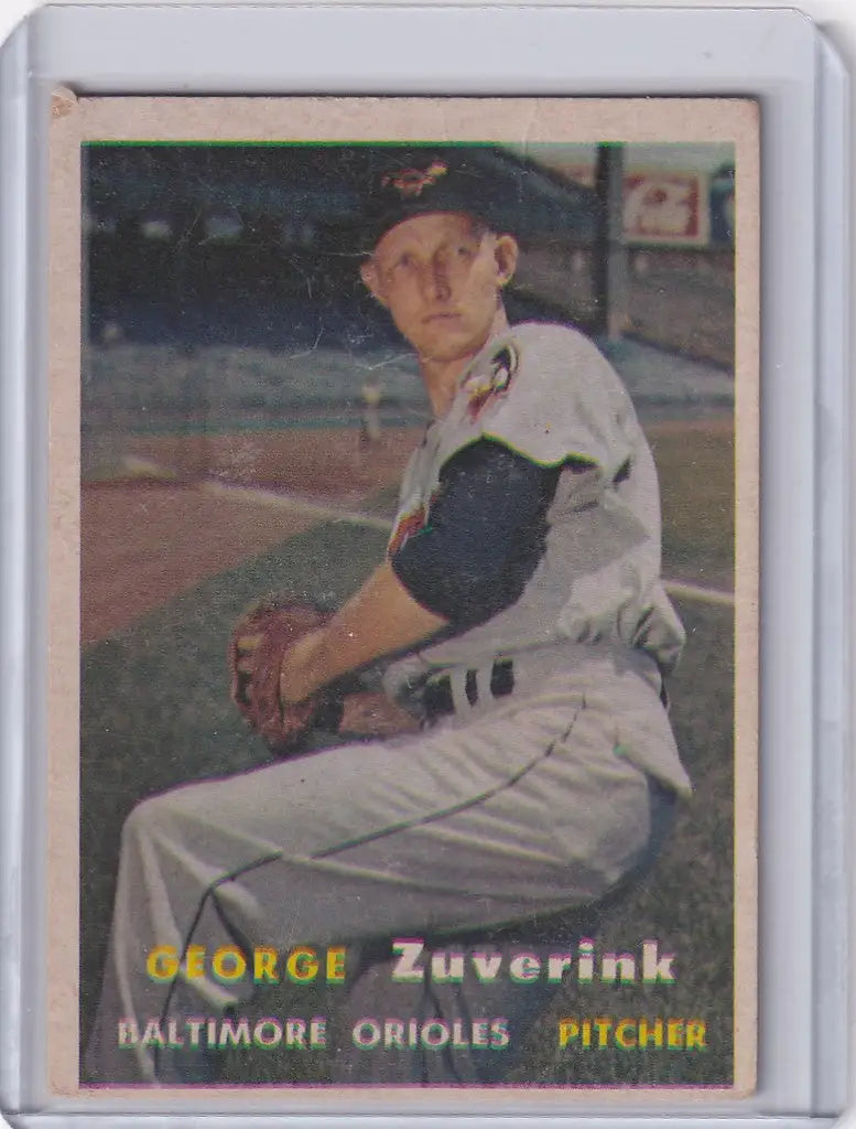 Vintage Topps Baseball card of George Zuverink, Baltimore Orioles pitcher in white uniform
