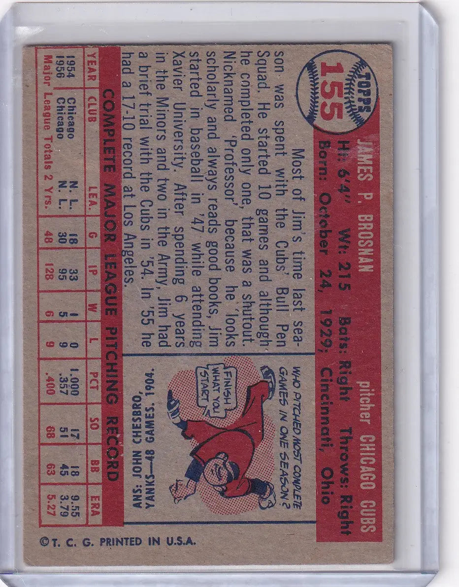 Vintage Topps Baseball card of Jim Brosnan in a protective sleeve, Chicago Cubs player