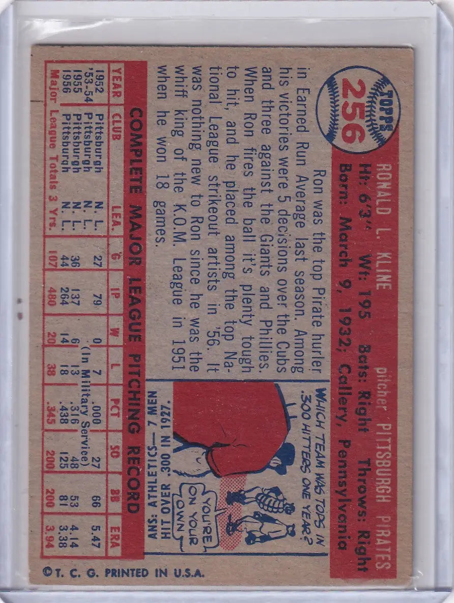 Vintage Topps Baseball trading card of Ron Kline from the Pittsburgh Pirates 1957 series