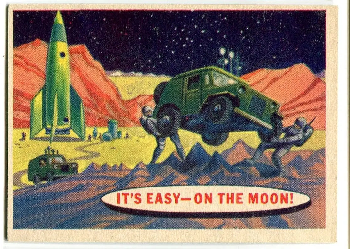 Retro moonscape scene from 1957 Topps Space Cards trading card #38 It’s Easy-On the Moon