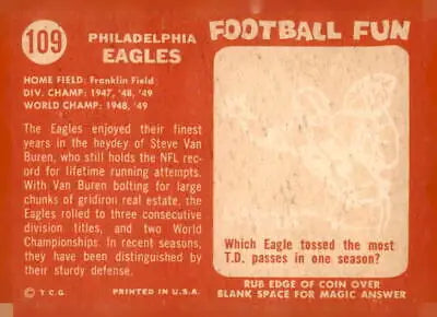 Vintage Philadelphia Eagles trading card from 1958 Topps #109 in EX-MT condition